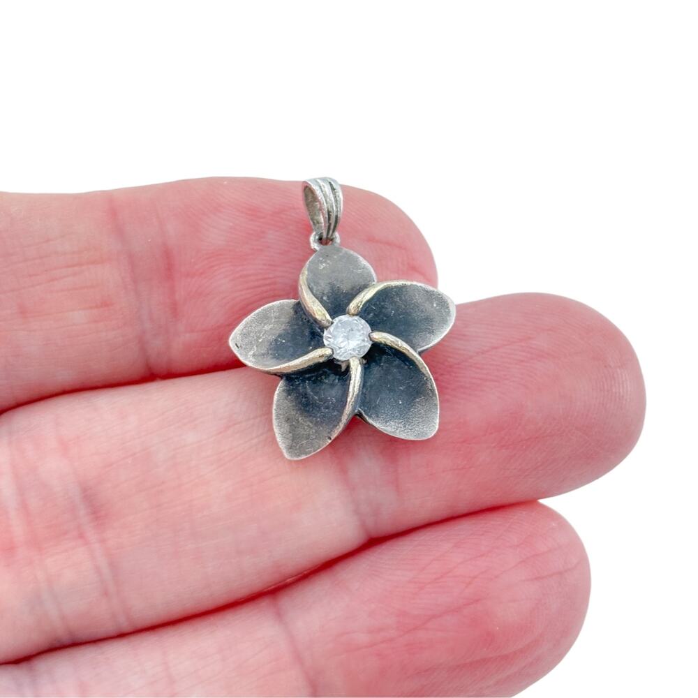 Vintage Sterling Silver 925 Plumeria Cubic Zirconia Pendant